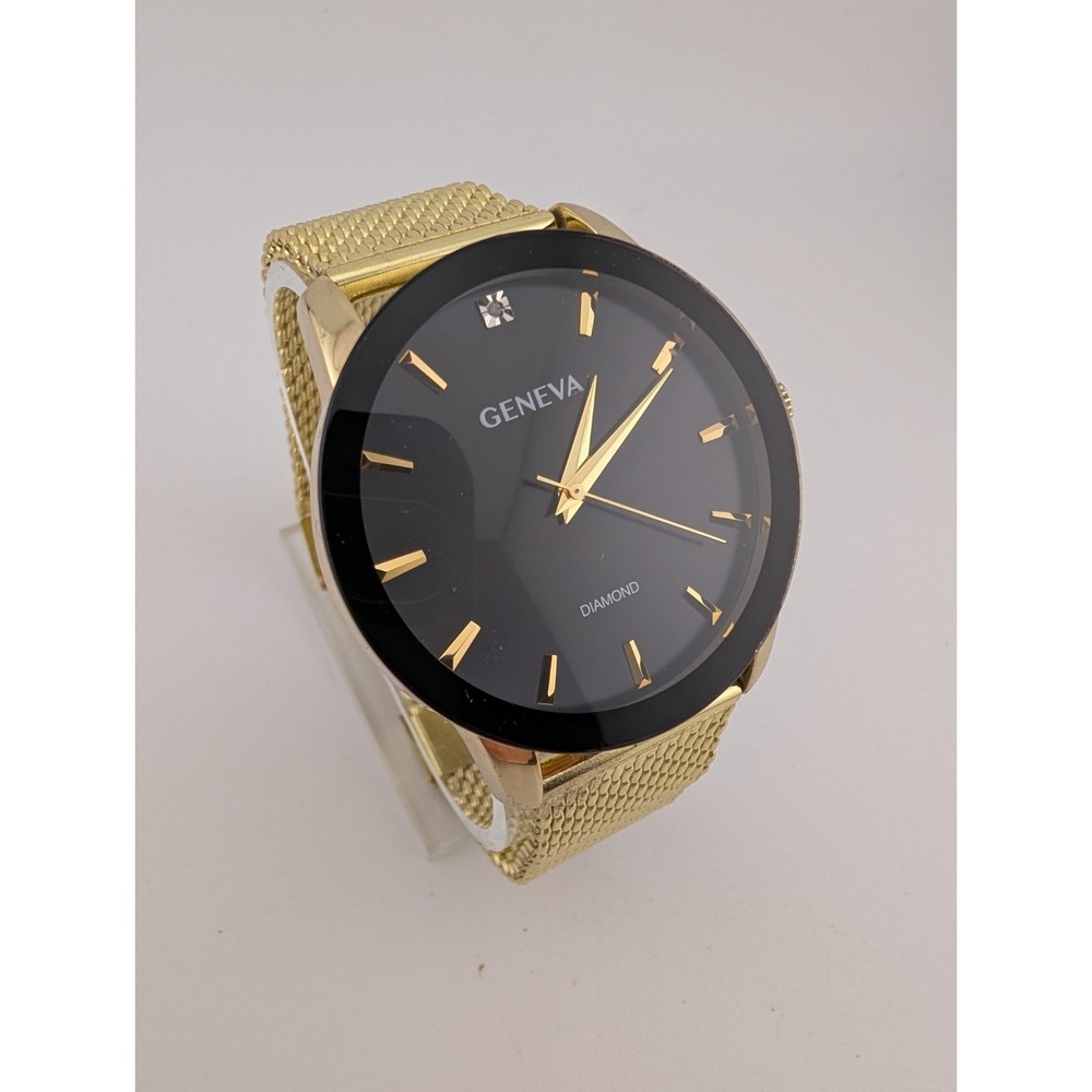 Geneva Diamond Watch Men 42mm Case Gold Mesh Metal Band- New Battery